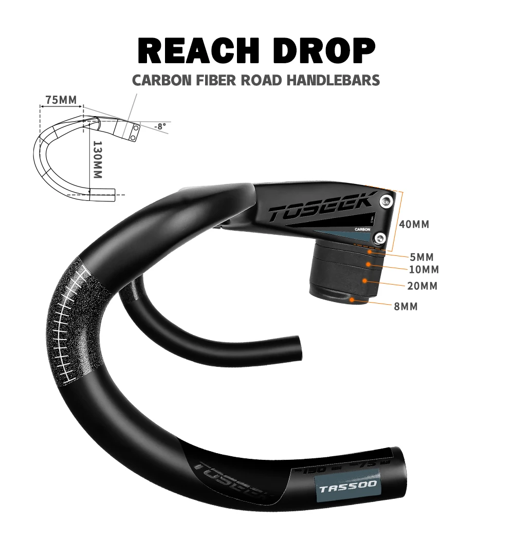 TOSEEK Integrated Handlebar Full Carbon Fiber Road Bike Handlebar 400/420/440mm Ultralight Drop Handle Bar with Bicycle Stem