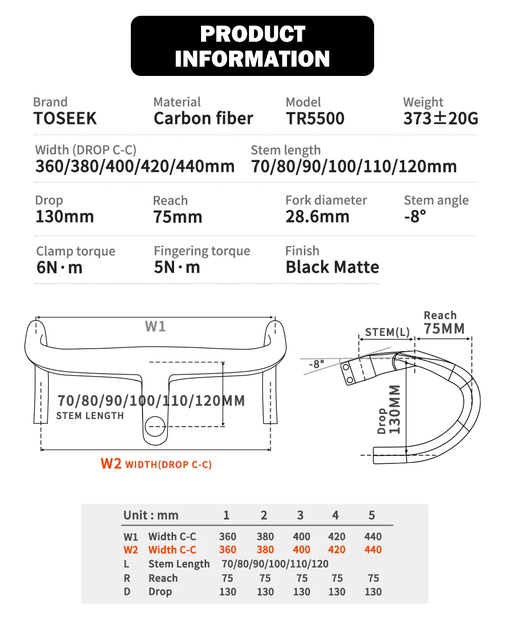 TOSEEK Integrated Handlebar Full Carbon Fiber Road Bike Handlebar 400/420/440mm Ultralight Drop Handle Bar with Bicycle Stem