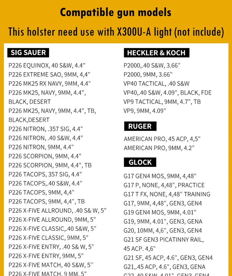 Universal Tactical Pistols Holster X300U-A Flashlight Hunting Waist Gun Carrier for SIG SAUER SPRINGFIELD SMITH WESSON FNH