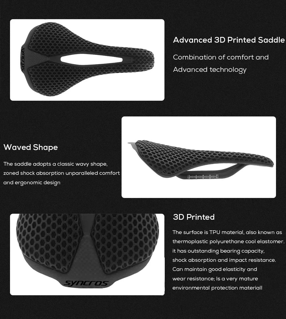 SYNCROS Bicycle Saddle Waterproof Material TPU 3D Printing Comfortable Breathable MTB Road Bike Cycling Seat Carbon Saddle