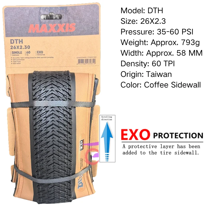 MAXXIS DTH(M147P) 26x2.3 26x2.15 20X1.75 Bicycle Tire MTB Mountain Bikes, EXO Full black and deep skin edge