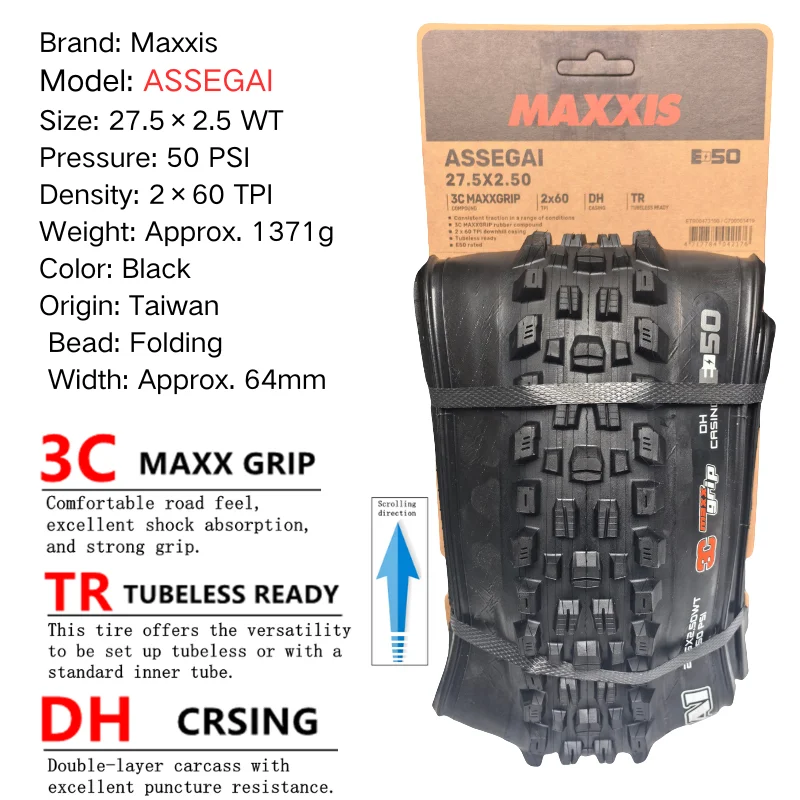 Maxxis ASSEGAI 27.5 29X2.5 Inch Downhill Folding Vacuum Puncture-proof Is Maxxis's Highest Strength Quick Drop Tire