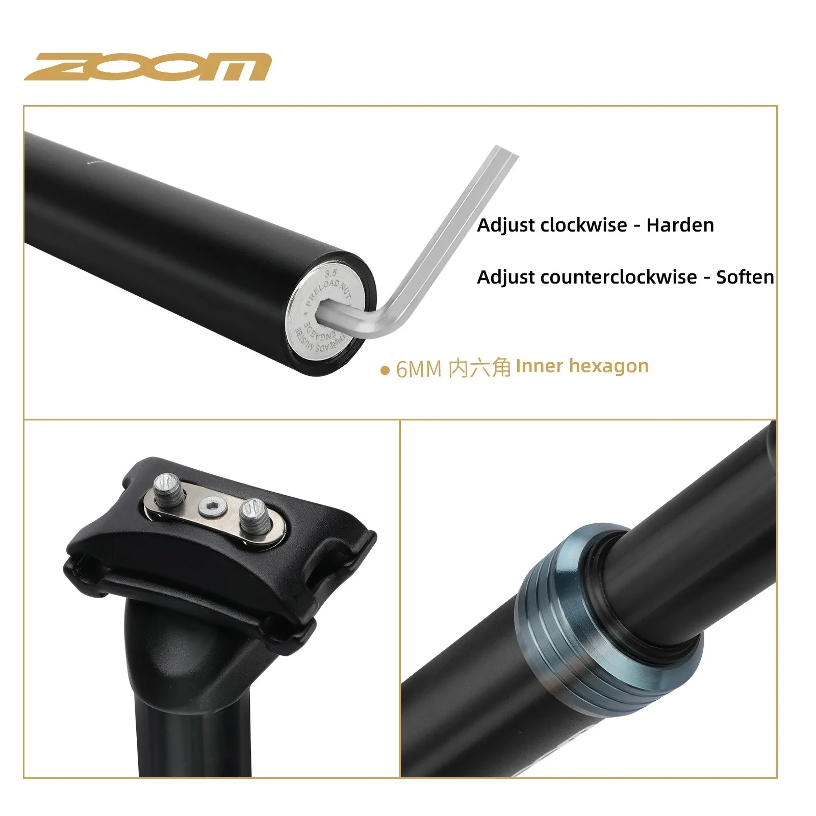 ZOOM Bike Seat Post 27.2/28.6/30.0/30.4/30.9/31.6/33.9mm Mountain bike/Road Bike Seat Post Length 350mm Shock Absorber Seat Post