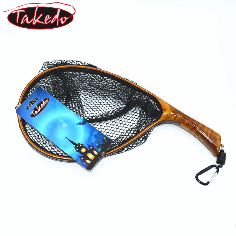 TAKEDO-Fly Fishing Landing Net, Soft Rubber Mesh Trout Net, Cinnamomum Camphora, Wooden Handle Catch and Release Net, TKL003