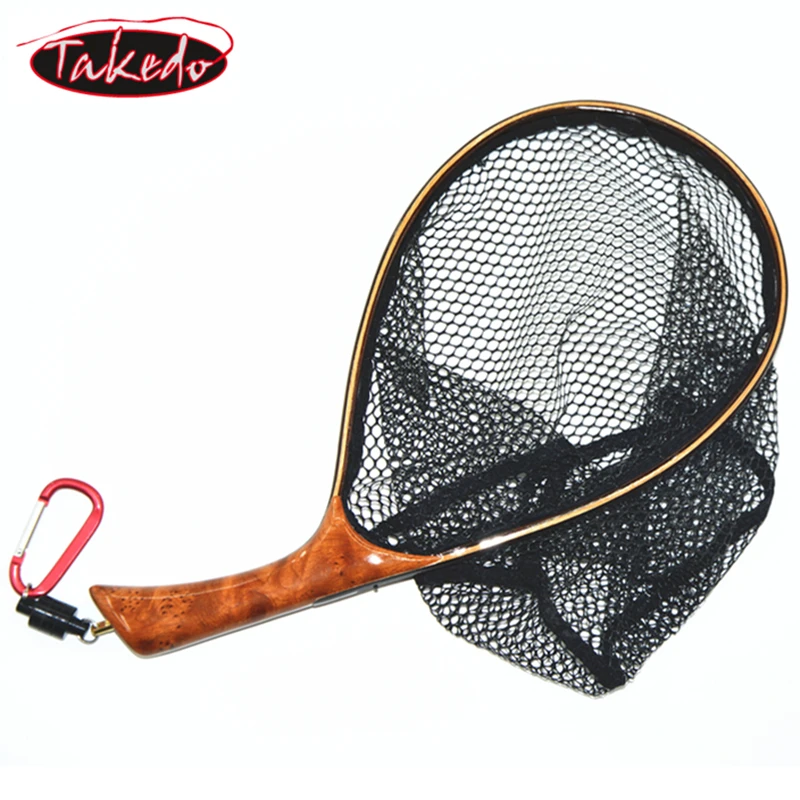 TAKEDO-Fly Fishing Landing Net, Soft Rubber Mesh Trout Net, Cinnamomum Camphora, Wooden Handle Catch and Release Net, TKL003