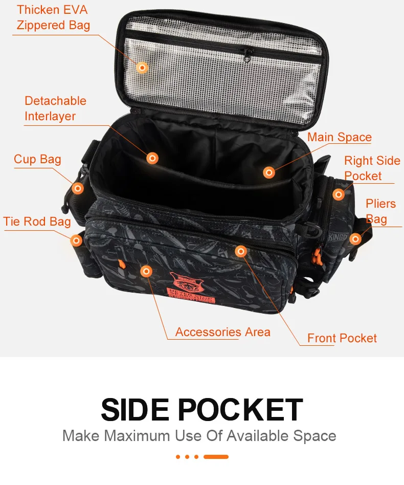Kingdom Multifunctional Fishing Tackle Bag 44*21*22cm 1000D Nylon Waterproof Large Capacity Outdoor Sport Fishing Shoulder Bag