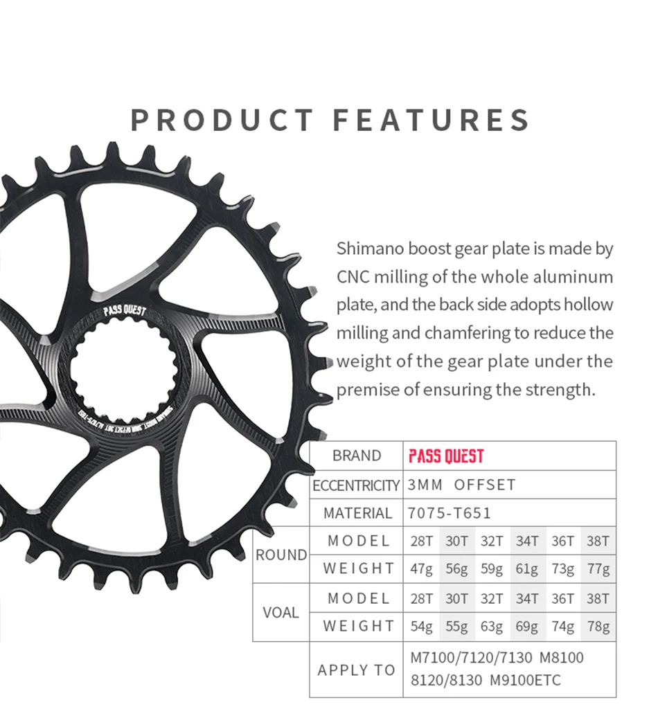 PASS QUEST 3mm Offset for Shimano Boost Direct Mount Chainring 6mm Offset for Shimano Deore M6100 M7100 M8100 M9100 ROUND