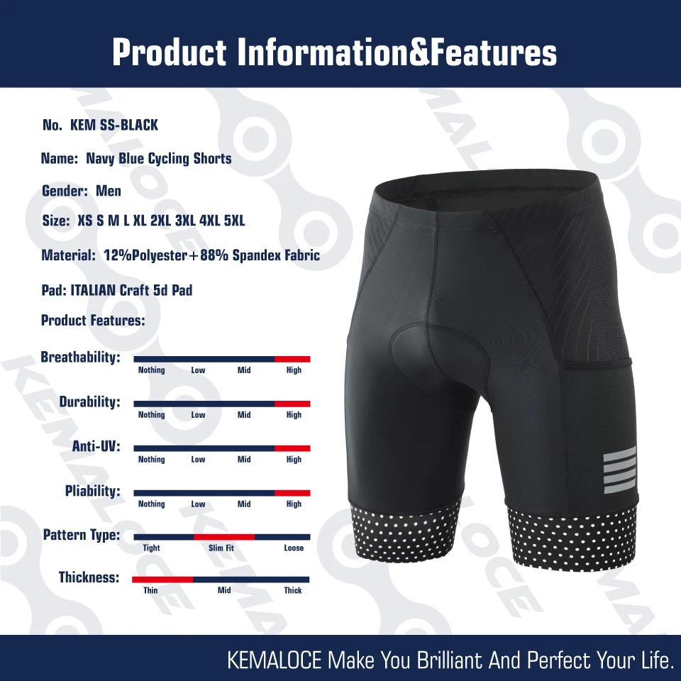 KEMALOCE Cycling Shorts Men Blank Black&Grey&Red Gel Pad Summer Bike Shorts Road Racing Compression Reflective Bicycle Knicker