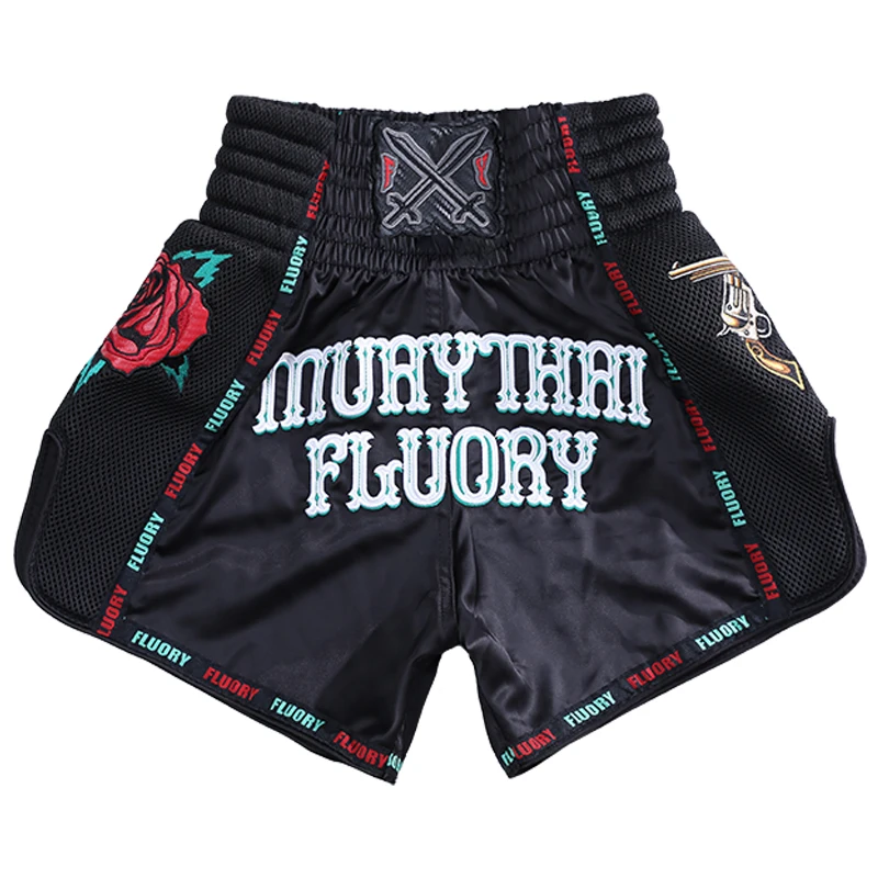 Fluory Muay Thai Boxing Shorts Colorful Line Rose Embroidery Women's Fitness Gym Sportswear Active Wear Casual Pants