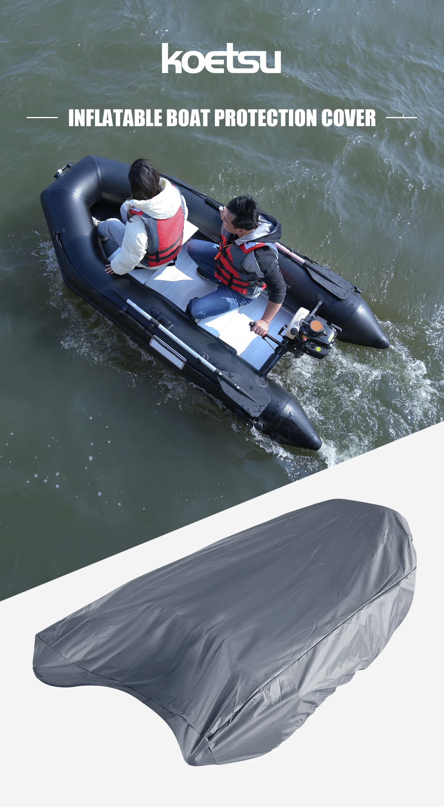 KOETSU 420D Marine Grade Anti-Fade and Tear-Resistant Rubber Boat Cover Sunshade Inflatable Boat Cover Silver Boat Cover