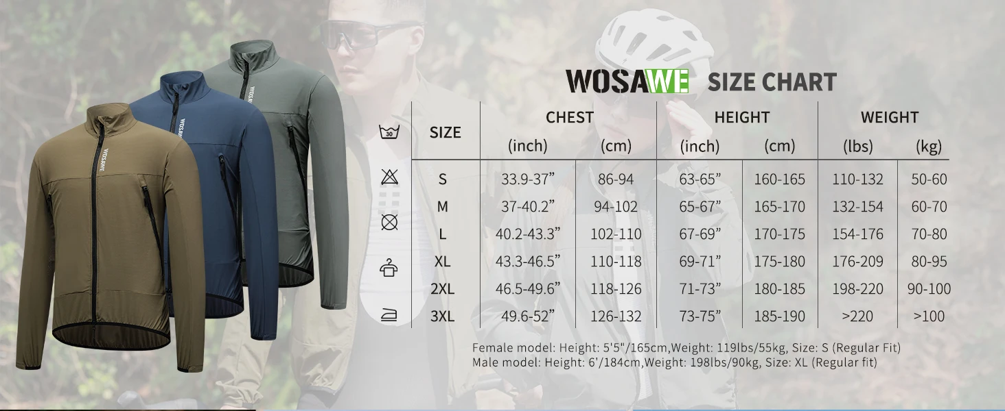 WOSAWE Unisex Cycling Jacket Water-Resistant Lightweight Men's Windbreaker Dual-Headed YKK Zipper Reflective