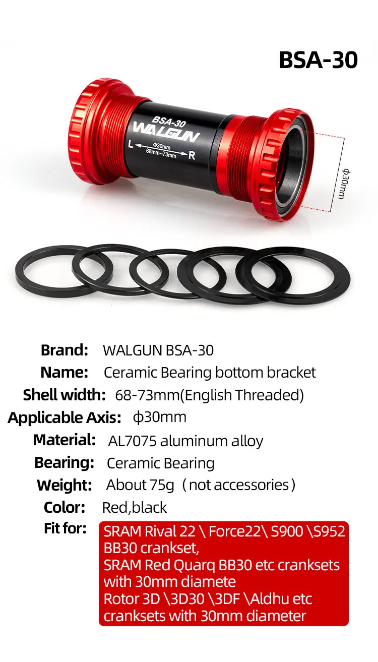 Bicycle Bottom Bracket BSA Thread Kit Fit 68 73mm Frame 22 24 29 30mm Axis Ceramic Bearing Bike BB for Shimano SRAM GXP Crankset
