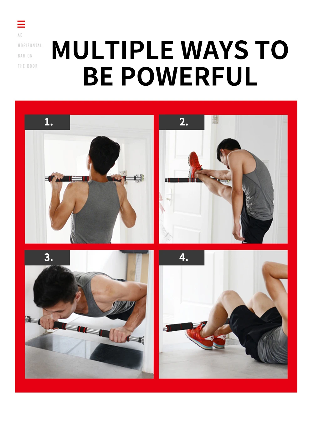 Door Frame Pull Up Bar Indoor Fitness Chin Up Horizontal Bar Home Gym Wall Push Up Training Bar Hang Workout Equipment 65cm-90cm