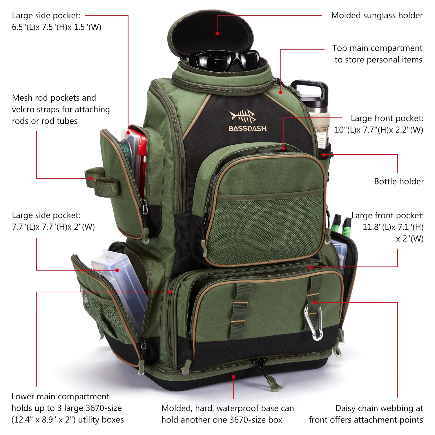 Bassdash Army Green Tactical Backpack Fishing Tackle Shoulder Bag With Protective Rain Cover SD2