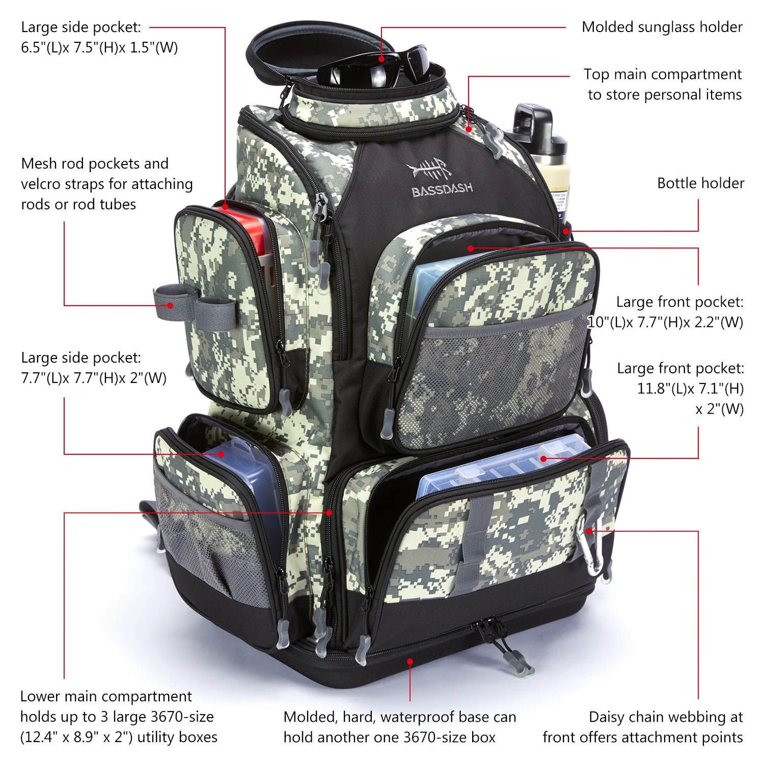 Bassdash Army Green Tactical Backpack Fishing Tackle Shoulder Bag With Protective Rain Cover SD2
