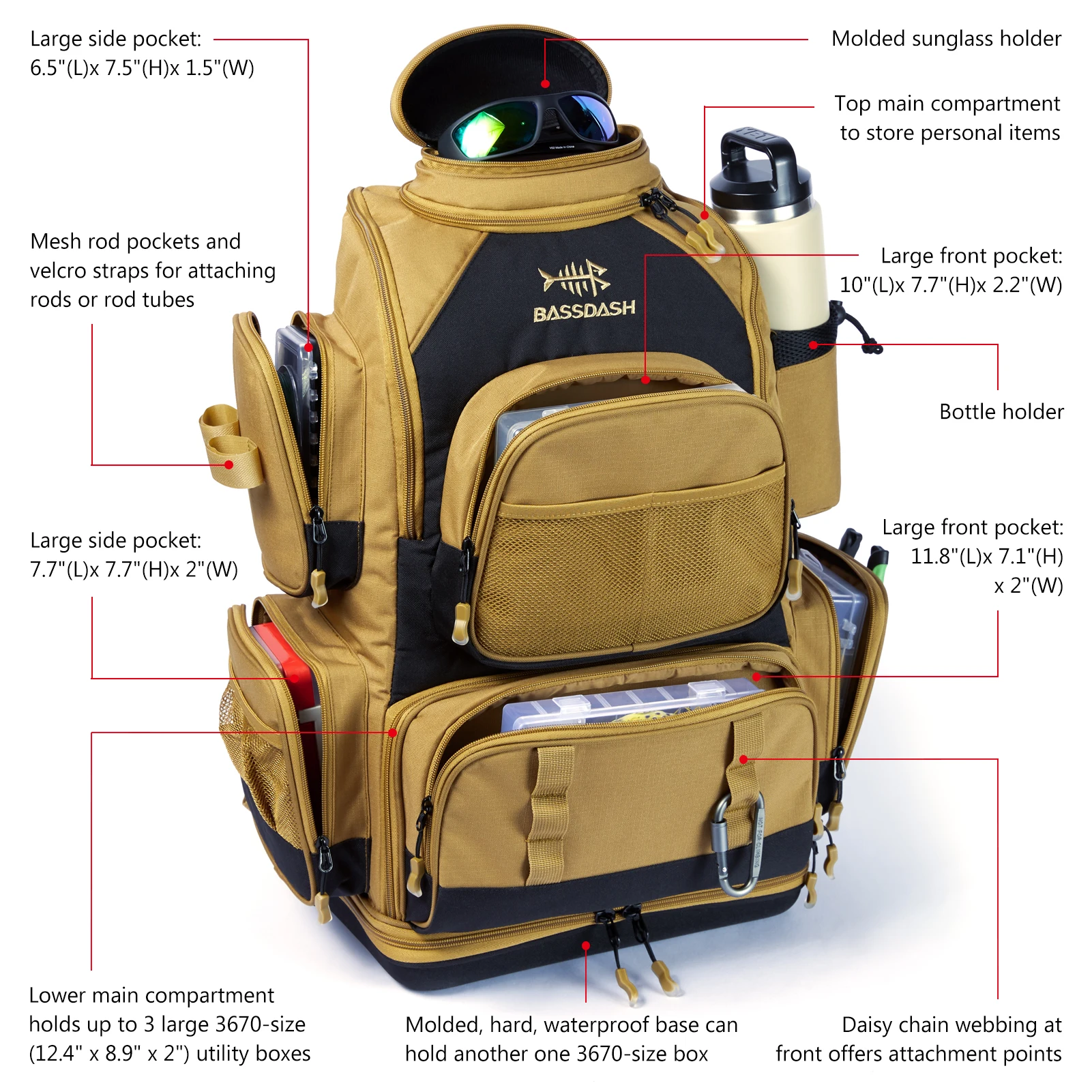 Bassdash Army Green Tactical Backpack Fishing Tackle Shoulder Bag With Protective Rain Cover SD2