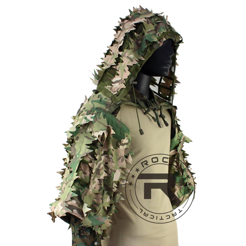ROCOTACTICAL Tactical Ghillie Suit Breathable Ghillie Viper Hood with 3D Leafy Stripes Sniper Coat for Wargame, Hunting, CS