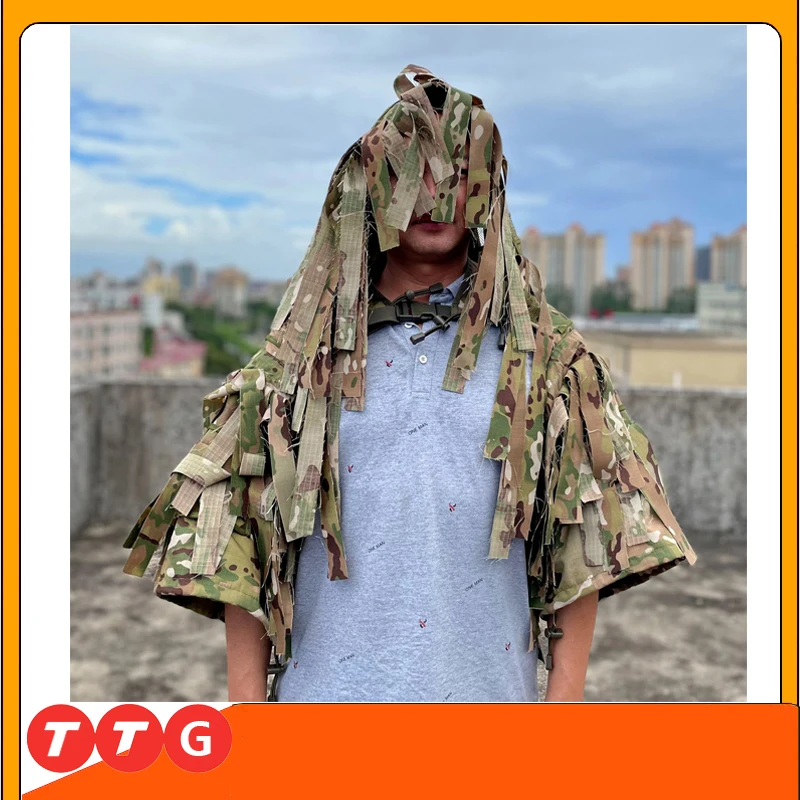ROCOTACTICAL Tactical Ghillie Suit Breathable Ghillie Viper Hood with 3D Leafy Stripes Sniper Coat for Wargame, Hunting, CS