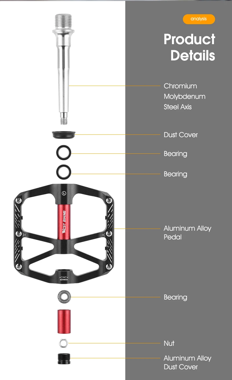 WEST BIKING CNC 3 Bearing Bicycle Pedals Ultralight BMX MTB Road Bike Pedals Non-slip Aluminum Alloy Reflective Cycling Parts