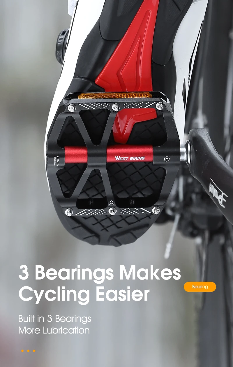 WEST BIKING CNC 3 Bearing Bicycle Pedals Ultralight BMX MTB Road Bike Pedals Non-slip Aluminum Alloy Reflective Cycling Parts