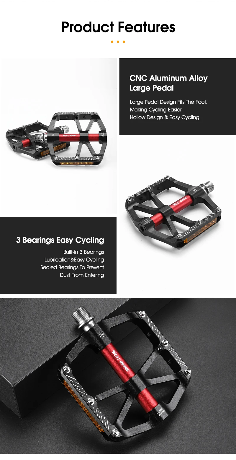 WEST BIKING CNC 3 Bearing Bicycle Pedals Ultralight BMX MTB Road Bike Pedals Non-slip Aluminum Alloy Reflective Cycling Parts