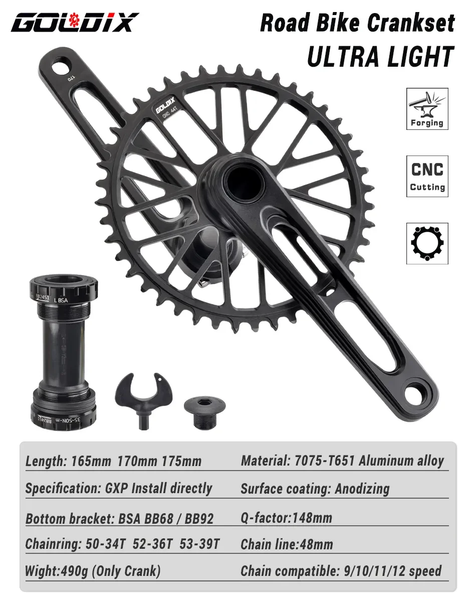 GOLDIX CNC ROAD Cranks Arms Bicycle Crankset BSA BB92 Gravel ROAD Crank 170/175mm Chainring Crown 50-34T for Carbon Fiber Frame