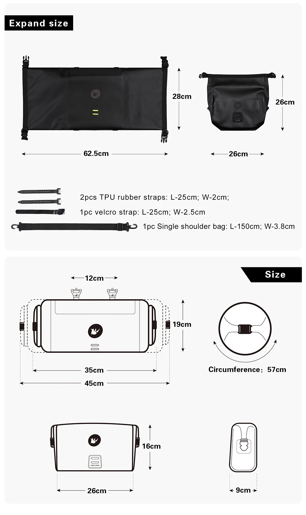 Rhinowalk Bicycle Handlebar Bag 4L/8L/12L Waterproof Front Tube Bag Big Capacity Cycling Commuting Storage Pack Shoulder Bag