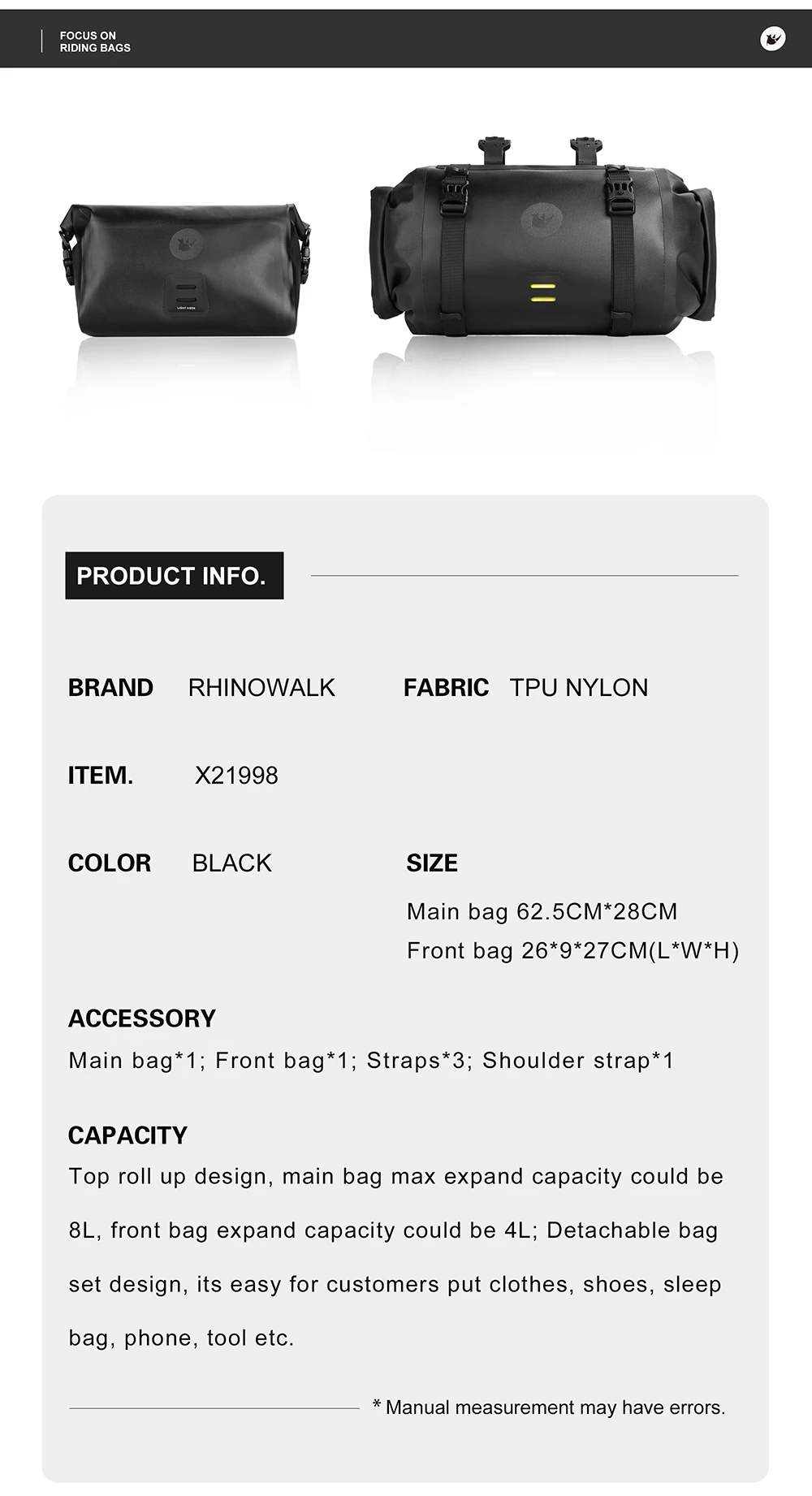 Rhinowalk Bicycle Handlebar Bag 4L/8L/12L Waterproof Front Tube Bag Big Capacity Cycling Commuting Storage Pack Shoulder Bag