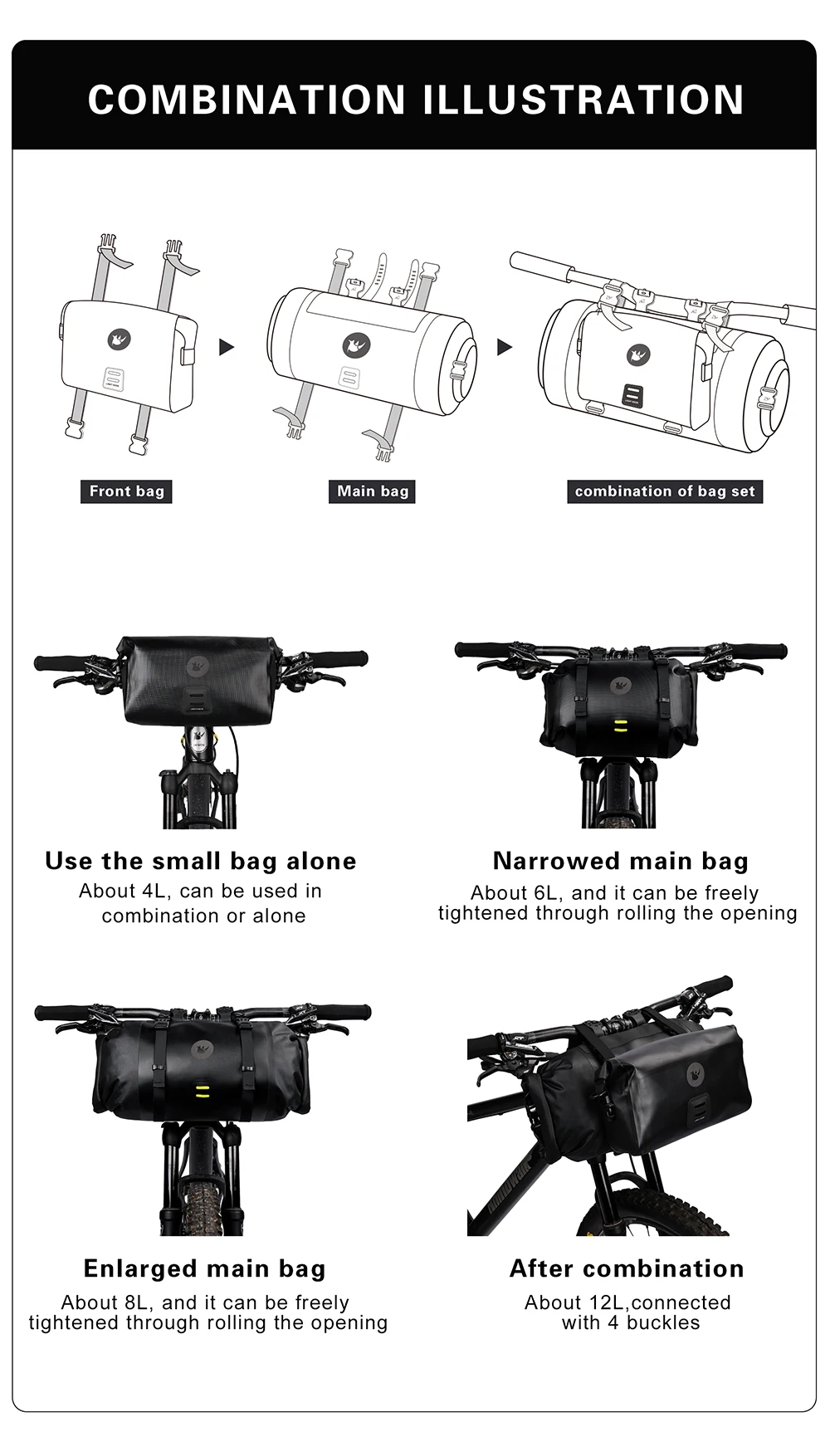 Rhinowalk Bicycle Handlebar Bag 4L/8L/12L Waterproof Front Tube Bag Big Capacity Cycling Commuting Storage Pack Shoulder Bag