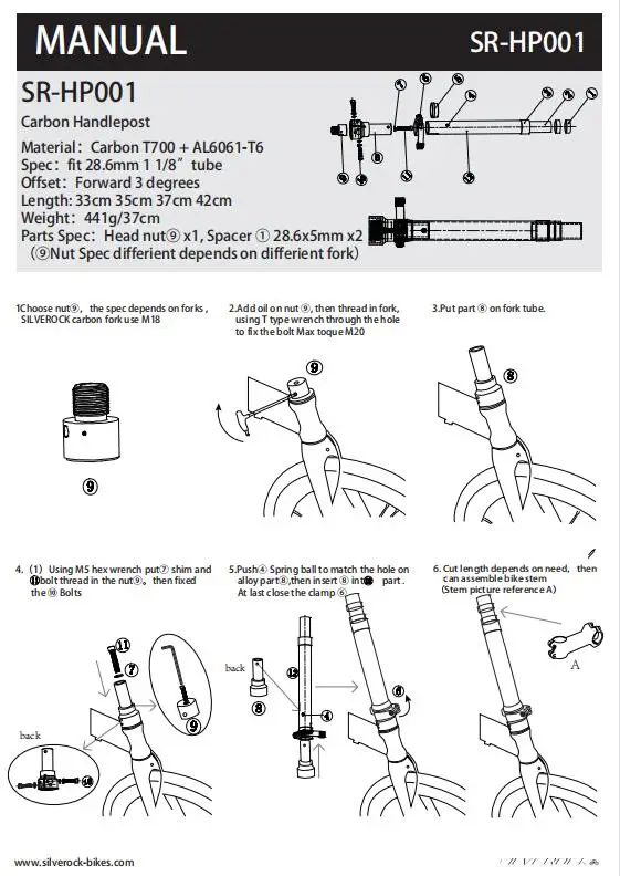 SILVEROCK-Folding Bike Carbon Stem Bike Headtube 28.6mm for FNHON DAHON Folding Bike, Handlebar Stem, 330mm, 350mm, 370mm, 420mm