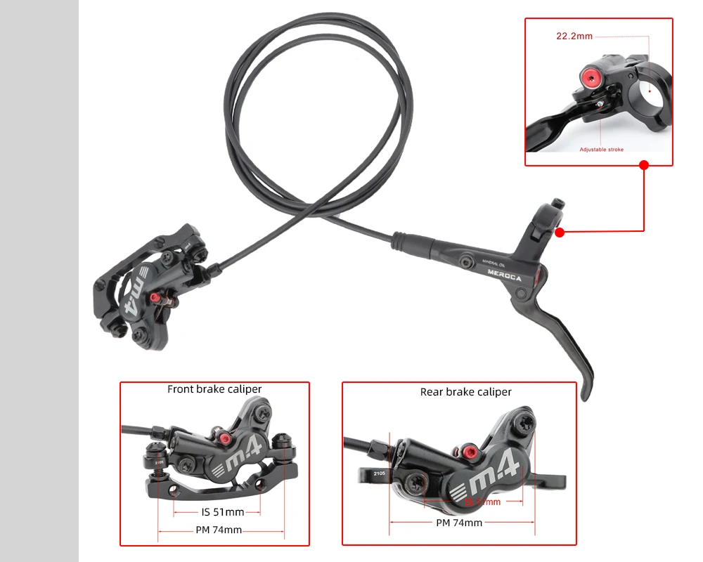 MEROCA 4-Piston MTB Hydraulic Brake Set With Silicone Protective Cover Front And Rear Brake 800mm/1400mm Bike Disc Brake For MTB