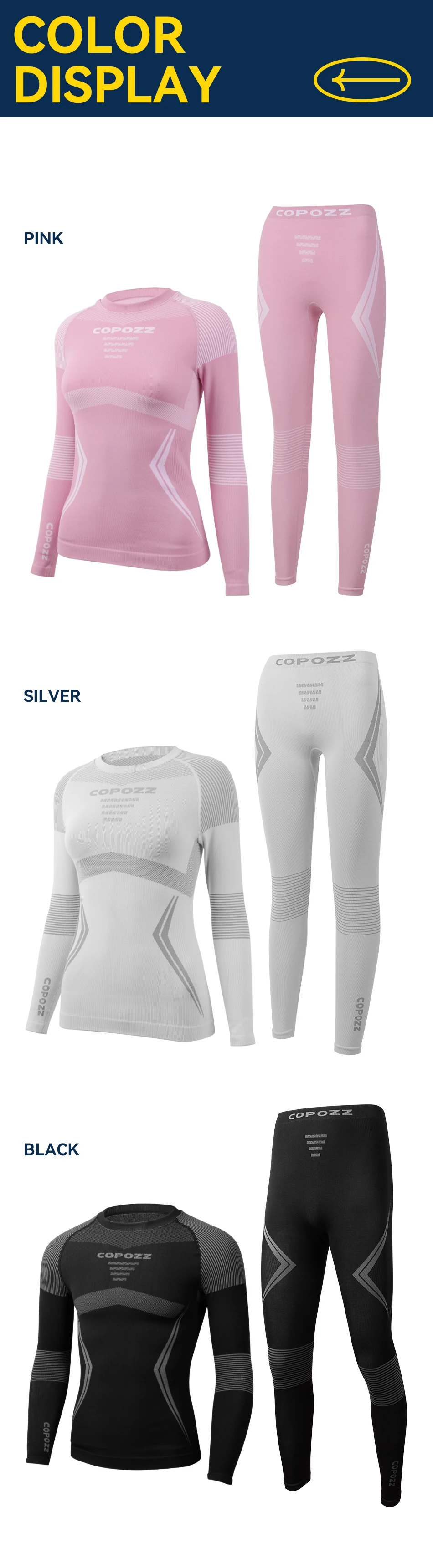 COPOZZ Men Women Ski Thermal Underwear Sets Quick Dry Functional Compression Tracksuit Tight Snowboarding Tops and Pants Adult