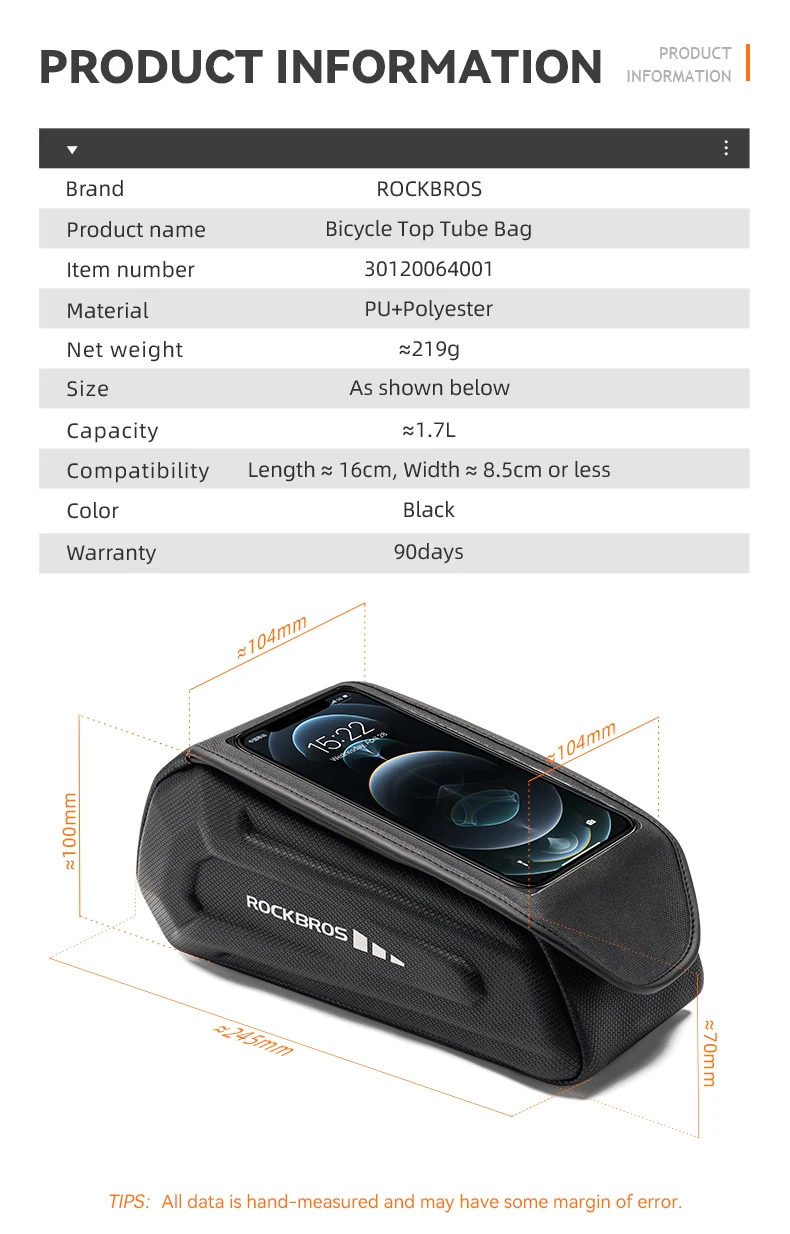 ROCKBROS Bicycle Top Tube Bag Hard Shell Anti-collision Cycling Front Tube Bag Convenient Waterproof Frame MTB Bag Reflective