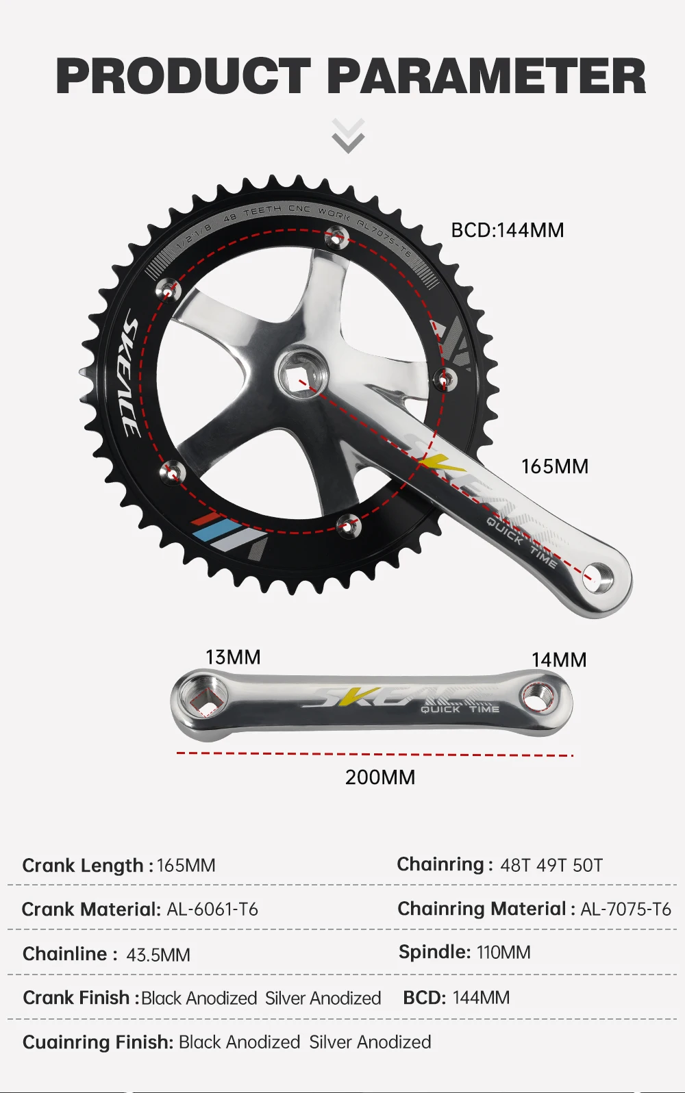 SKEACE 48T Bicycle Crankset Fixed Gear Chain Wheel BCD 144mm Spindle 110mm Racing Bike Crank Single Speed Chainring BMX Part