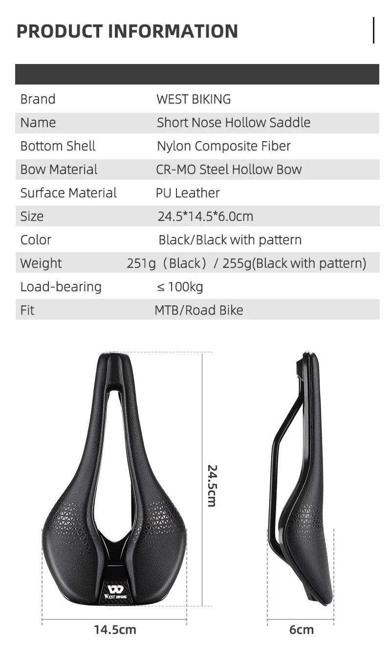 WEST BIKING Lightweight Road Bike Seat Short Nose Racing Bicycle Saddle Hollow Breathable Painless Triathlon Cycling Saddle