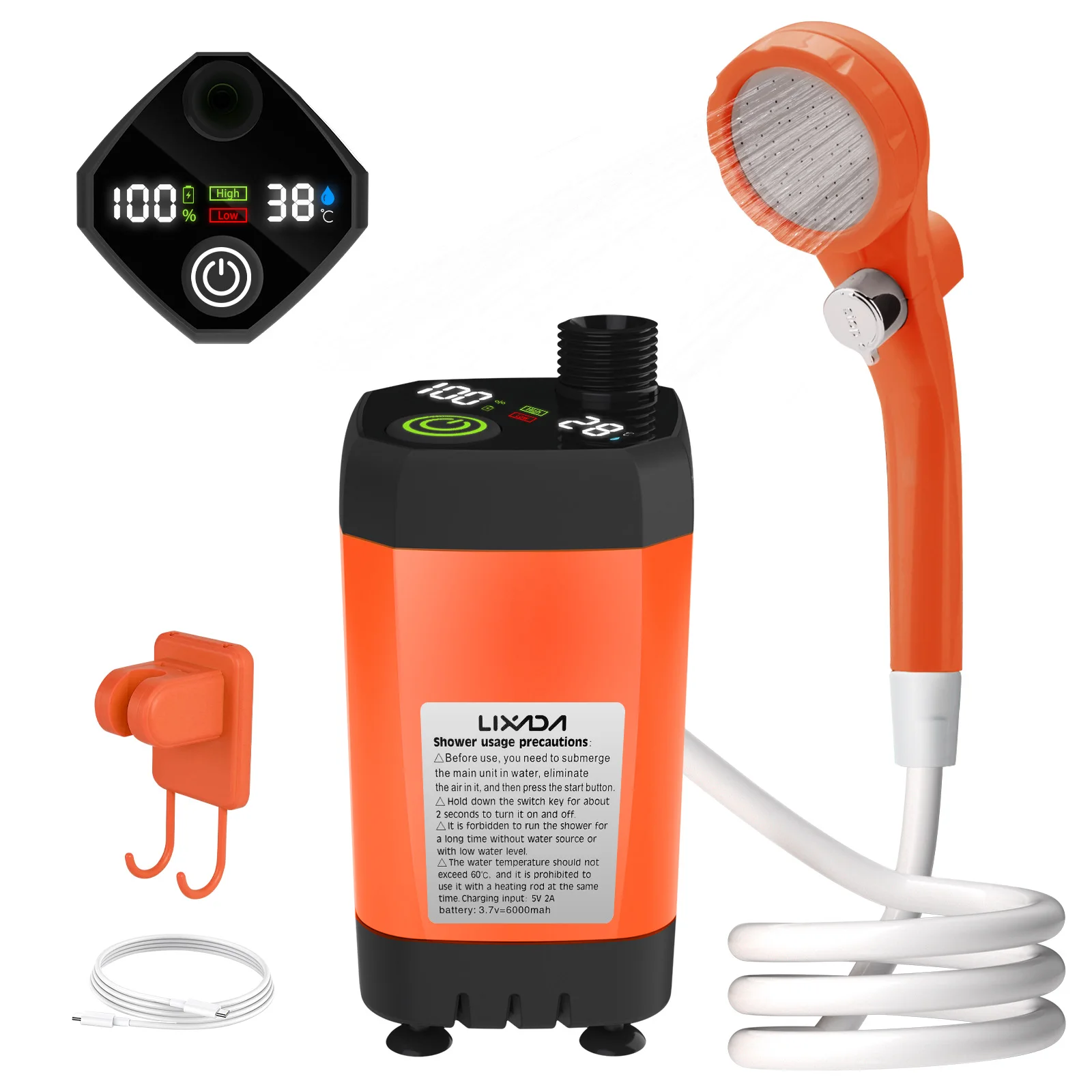 Camping Shower Pump RV Outdoor Shower Kit Camp Shower w/Full Screen Intelligent Digital Display Adjustable 6000mAh Shower Kit