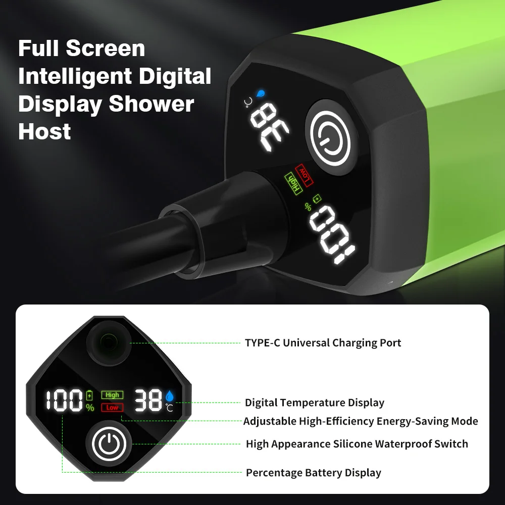 Camping Shower Pump RV Outdoor Shower Kit Camp Shower w/Full Screen Intelligent Digital Display Adjustable 6000mAh Shower Kit