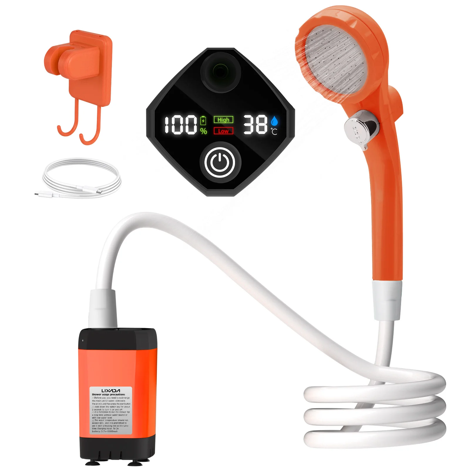 Camping Shower Pump RV Outdoor Shower Kit Camp Shower w/Full Screen Intelligent Digital Display Adjustable 6000mAh Shower Kit