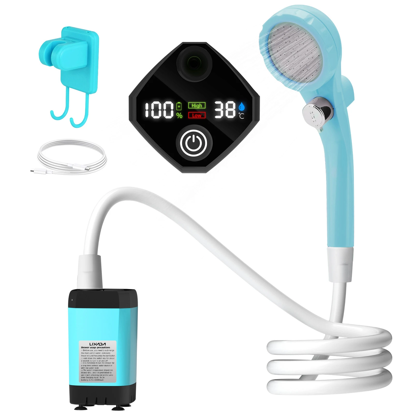 Camping Shower Pump RV Outdoor Shower Kit Camp Shower w/Full Screen Intelligent Digital Display Adjustable 6000mAh Shower Kit