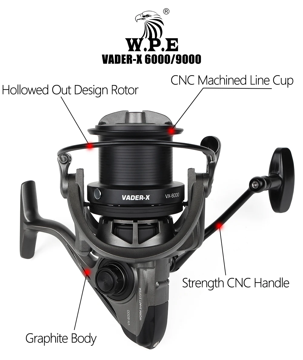 W.P.E VX Carp Fishing Reel Spinning Reel 6000 9000 Metal Spoon 7+1 Ball Bearings Gear Ratio 4.6:1 Carp Fishing Tackle Pesca