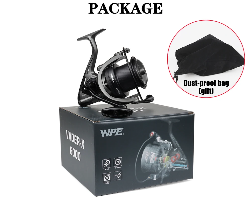 W.P.E VX Carp Fishing Reel Spinning Reel 6000 9000 Metal Spoon 7+1 Ball Bearings Gear Ratio 4.6:1 Carp Fishing Tackle Pesca