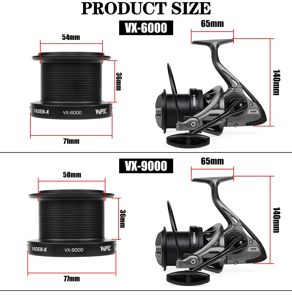 W.P.E VX Carp Fishing Reel Spinning Reel 6000 9000 Metal Spoon 7+1 Ball Bearings Gear Ratio 4.6:1 Carp Fishing Tackle Pesca