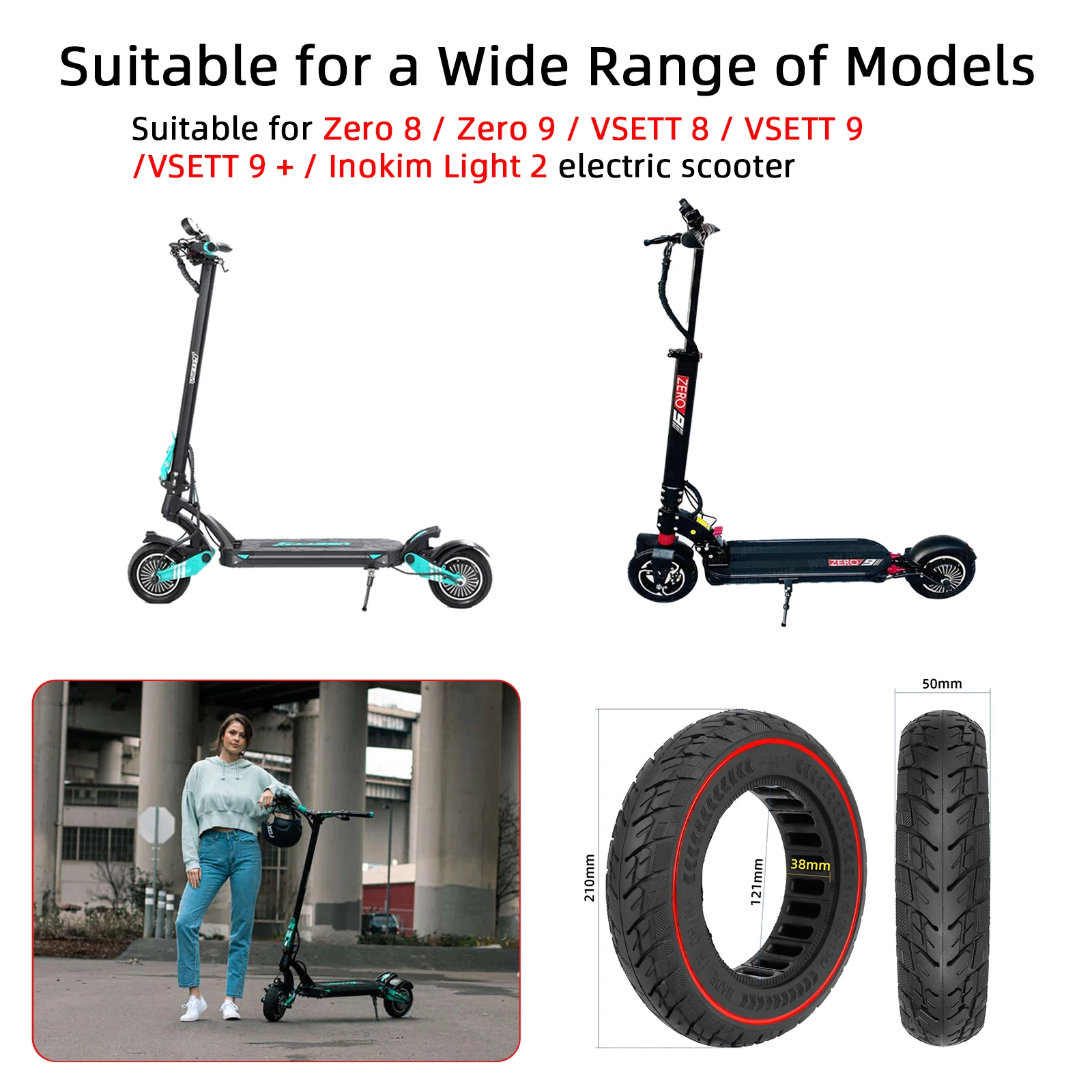 2Pcs 8 1/2x2(50-134) Off-road Solid Tire 8.5x2 Thickened Anti-puncture Tyre For VSETT 8 9 & 9+/ZERO 8 9/Inokim Light 2 Scooter