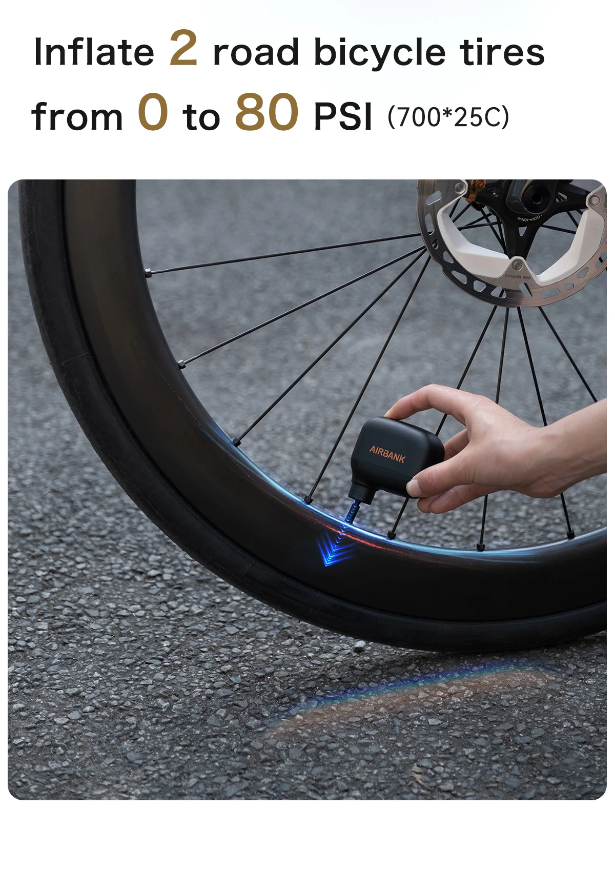 AIRBANK Mini Portable Bicycle Pump Rechargeable Air Inflator 100PSI Type-C Bike Accessories for Schrader Presta Bike Tires AS100