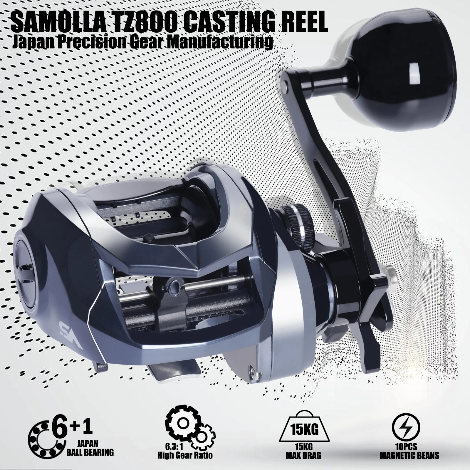 SAMOLLA Sea Fishing Large Baitcasting Fishing Reel Saltwater Waterproof 6.3:1 15KG Drag Catfishing Trolling Metal Base