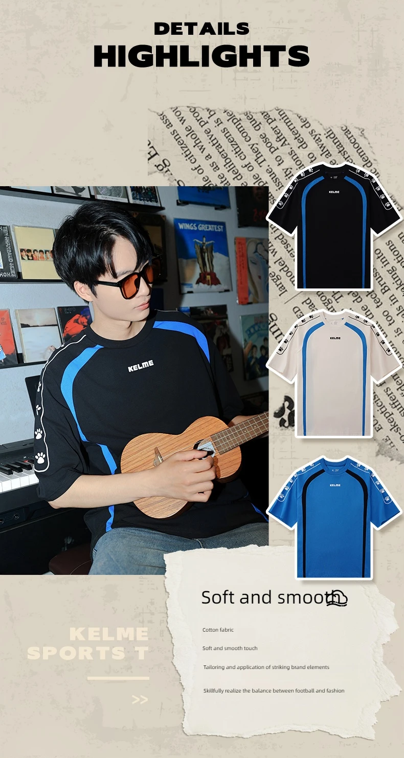 KELME Soccer Retro Culture Shirt Men's Trendy Fashion Short Sleeve Sports Casual Top