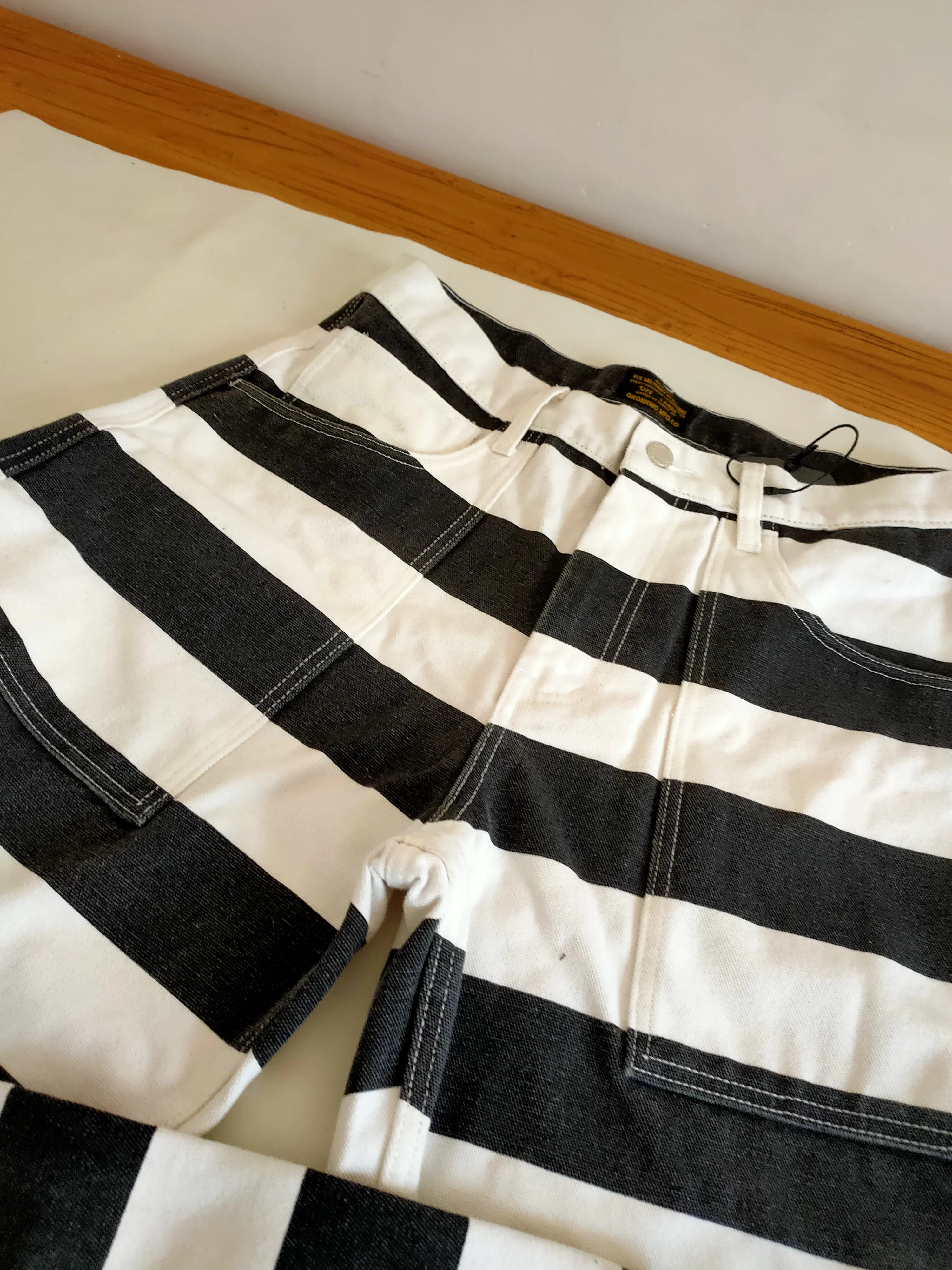 OKONKWO-Heavy Duty Striped Work Longs Thick Canvas Rock Motorcycle Trousers Outdoor Camping, Prison Uniform Knight Pants 16oz