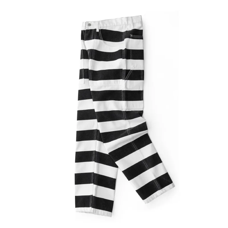 OKONKWO-Heavy Duty Striped Work Longs Thick Canvas Rock Motorcycle Trousers Outdoor Camping, Prison Uniform Knight Pants 16oz
