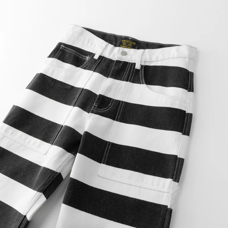 OKONKWO-Heavy Duty Striped Work Longs Thick Canvas Rock Motorcycle Trousers Outdoor Camping, Prison Uniform Knight Pants 16oz
