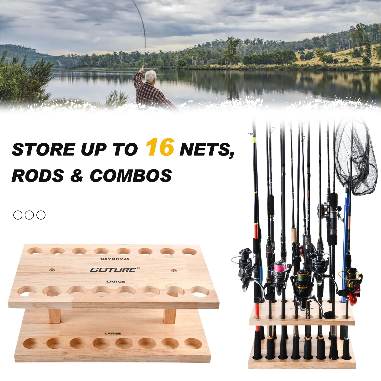 Goture 16-Rod Fishing Rod Holders Rack Square Rod Holder Wall Mount Modular for Garage Fishing Rod Display Stand Fixed Frame